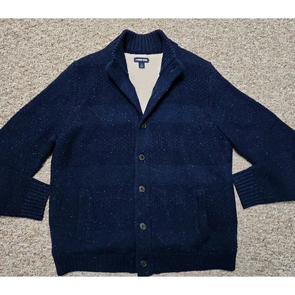Lands' End Navy Textured Wool Blend Sherpa Trim Button Sweater Men's Large 42-44